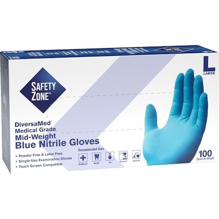 The Safety Zone GNEP-1, Disposable Gloves, 3.7 mil Palm, Nitrile, Powder-Free, L, 100 PK, Blue SZNGNEPLG1